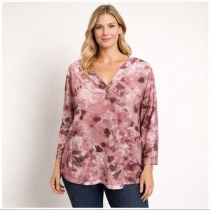 Cato Women’s 2X Pink Tie Dye V-Neck Long Sleeve Ruffle Hem Top Boho Y2K